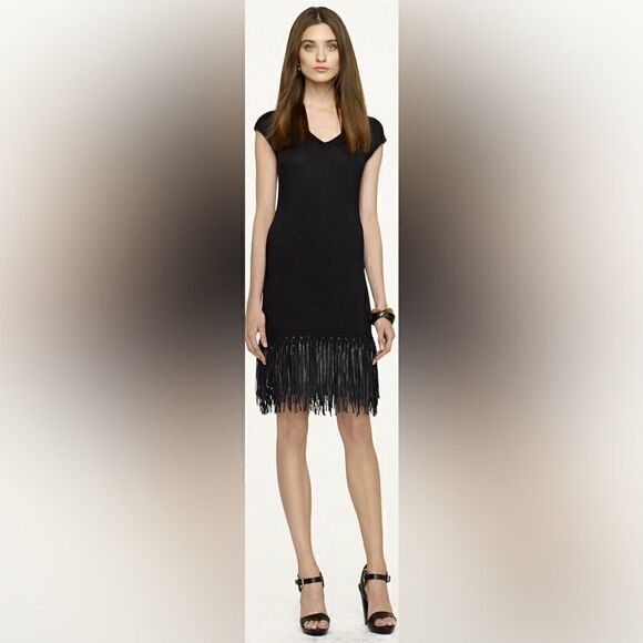 Ralph Lauren Black Lamb Leather-Fringe Silk Knit Sheath Dress - Picture 2 of 16